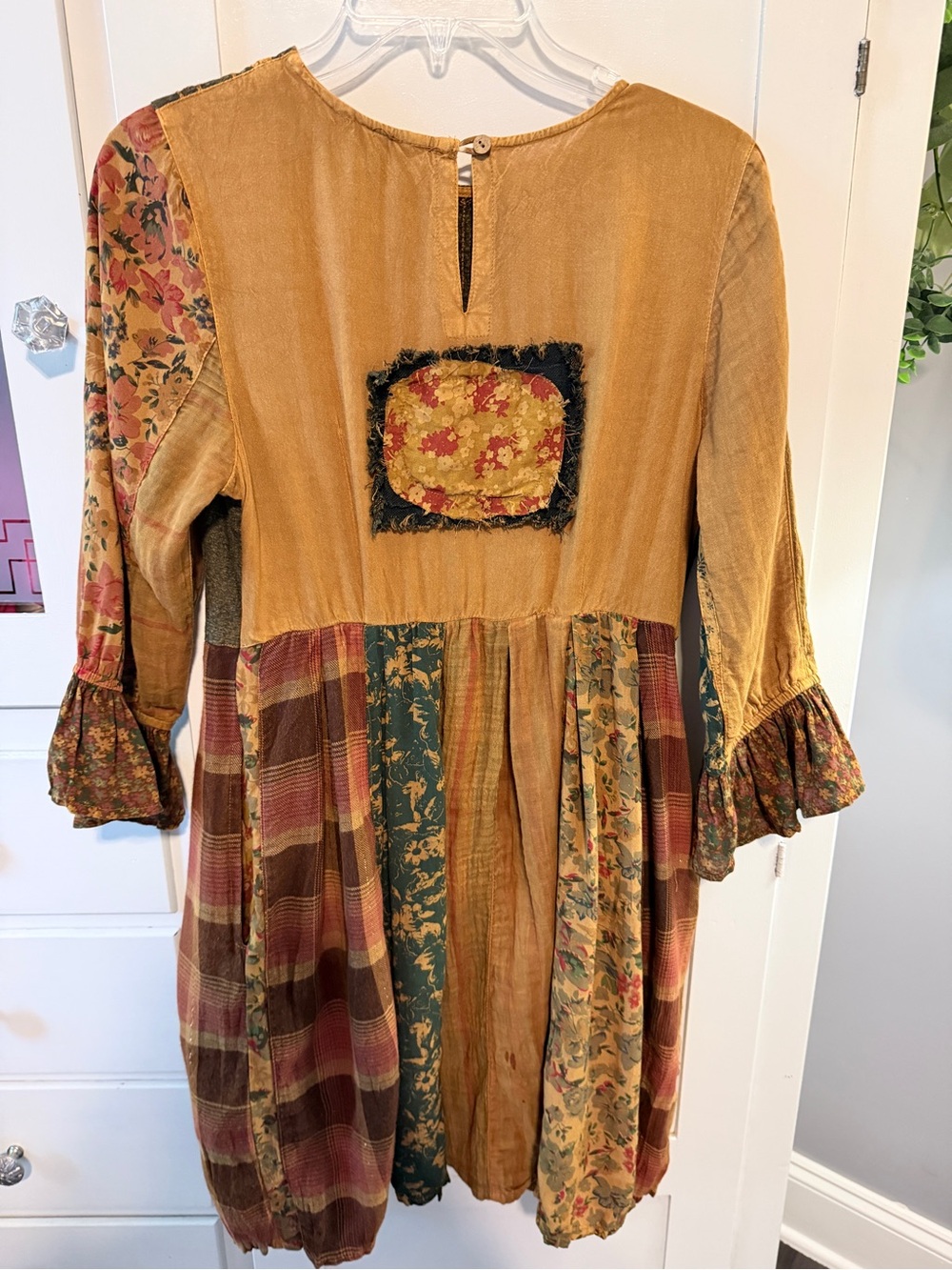 Boho Patchwork Casual Midi Dress in Mustard and Burgundy - Picture 9 of 14